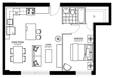 Floor plan for 1 bed, 1 bath, 618 sqft